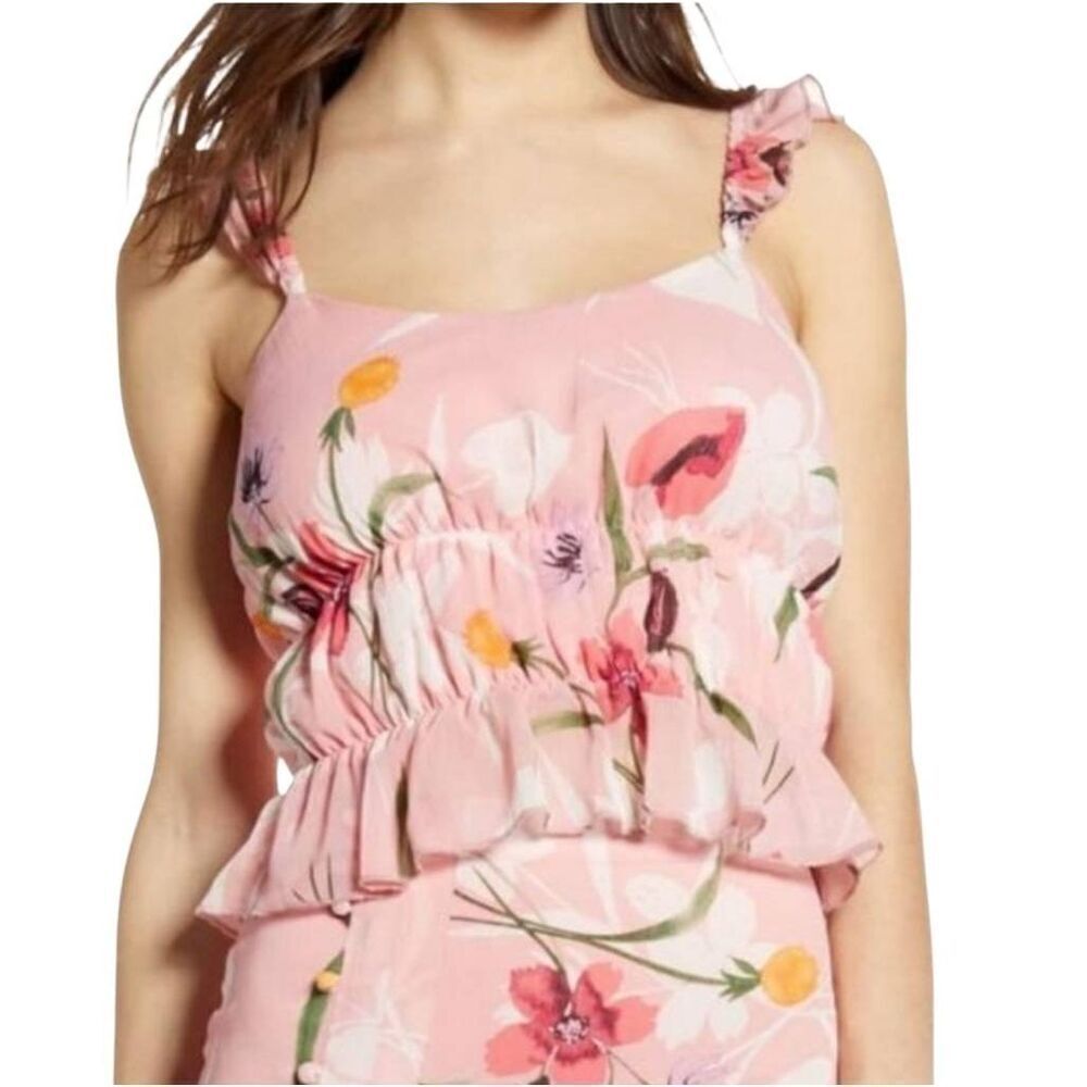 Leith Pink Sparkle Floral Ruffled Crop Top Blouse